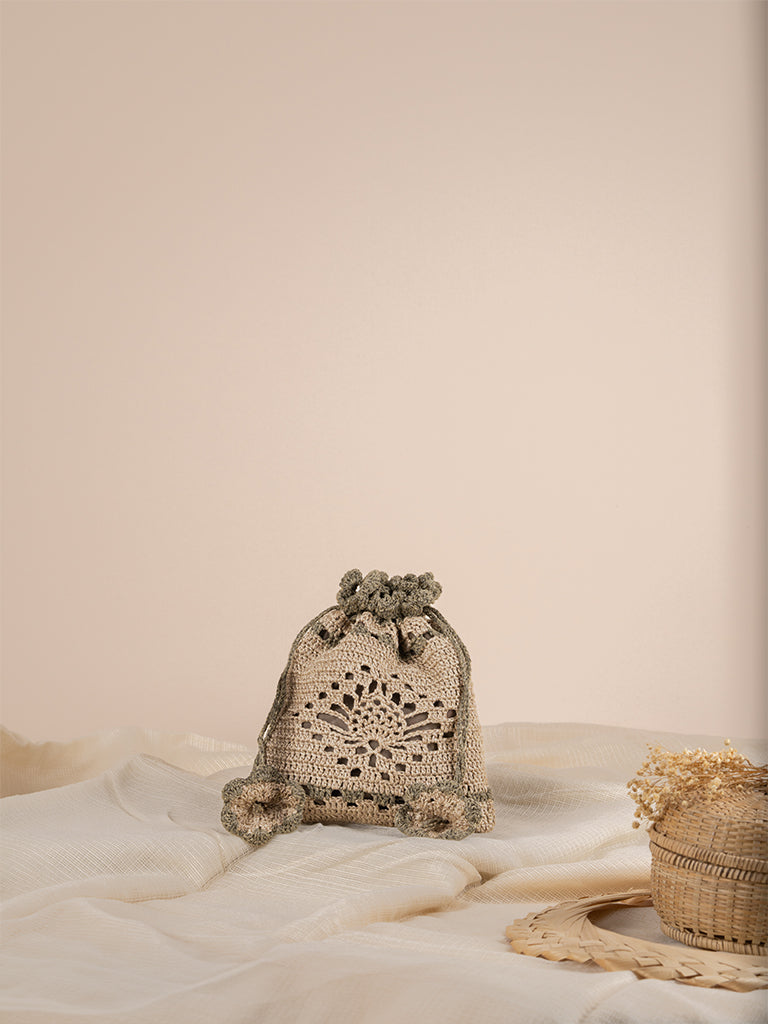 Rectangular Doted Crochet Jute Potli