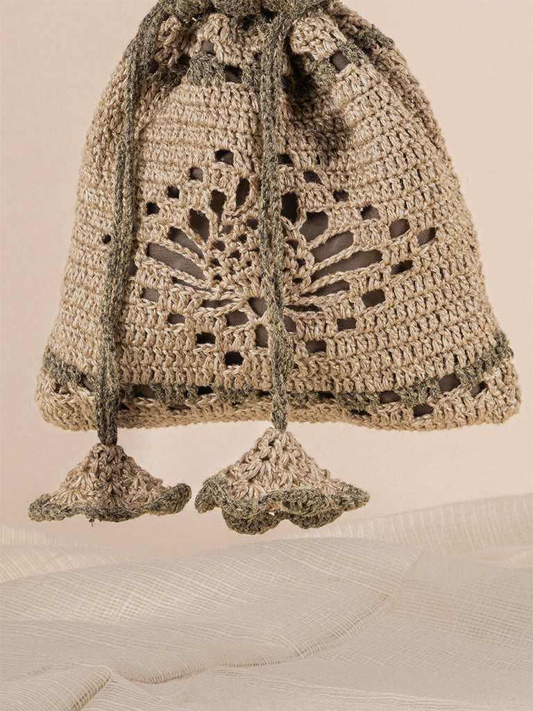 Rectangular Doted Crochet Jute Potli