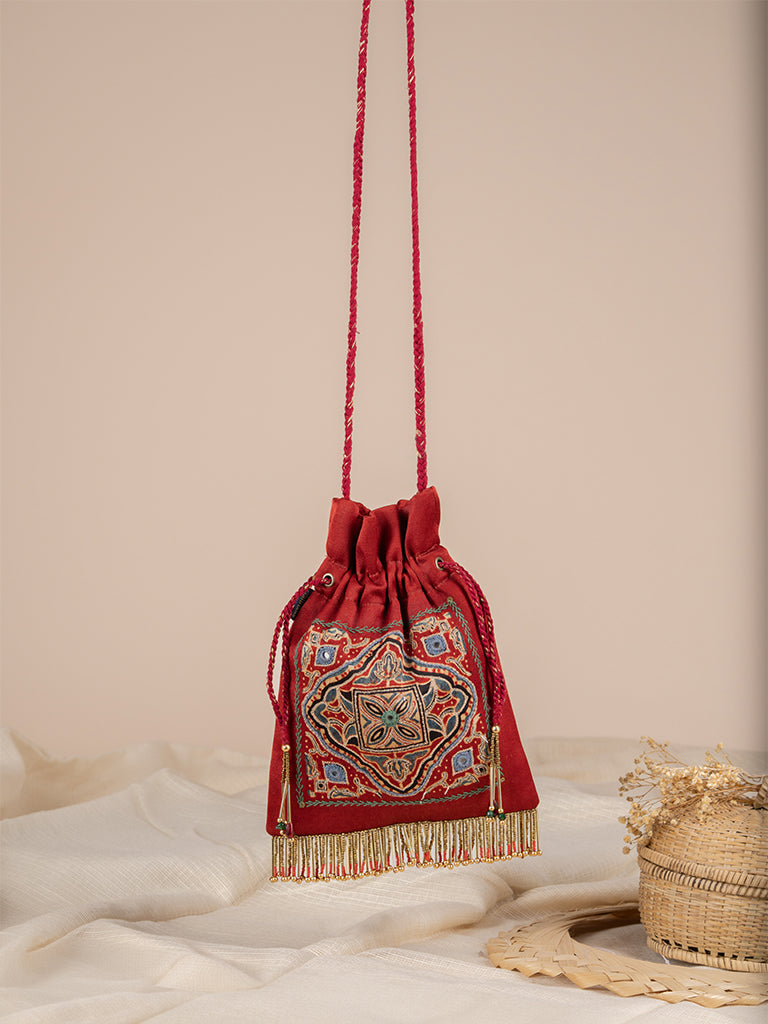 Rectangular Ajrakh & Hand Work Potli