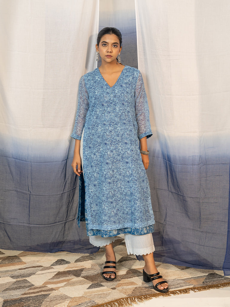 V Neck Block Printed Kurta