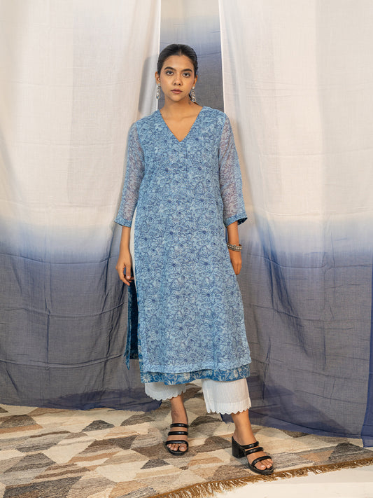 V Neck Block Printed Kurta
