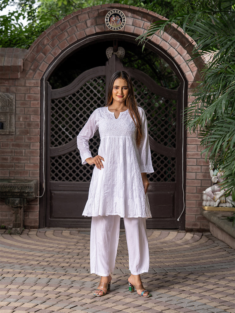 Chikankari Knee-Length Flared Kurta