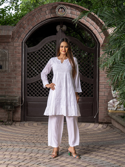 Chikankari Knee-Length Flared Kurta