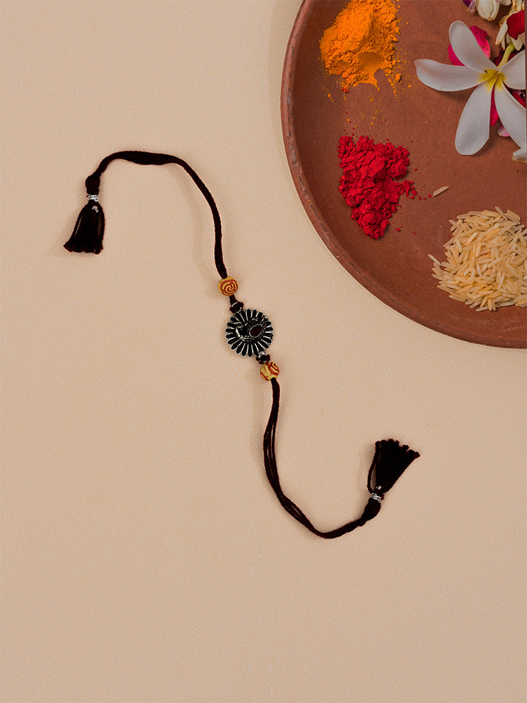 Peacock Ruby Stone Oxidised Metal Rakhi