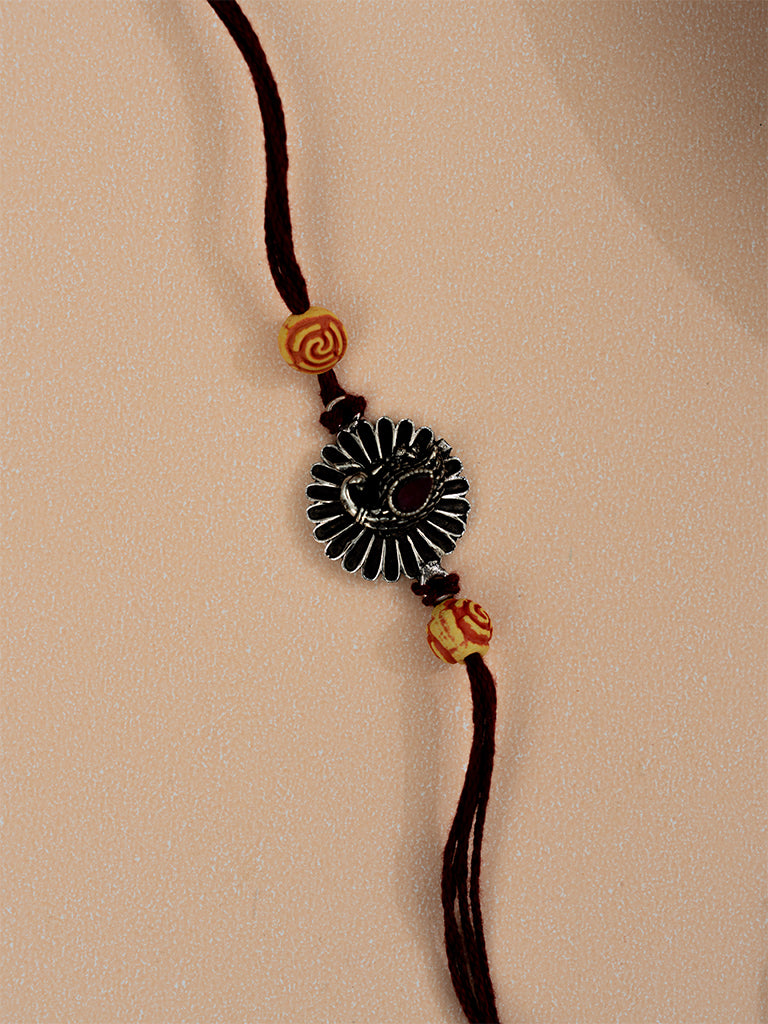 Peacock Ruby Stone Oxidised Metal Rakhi