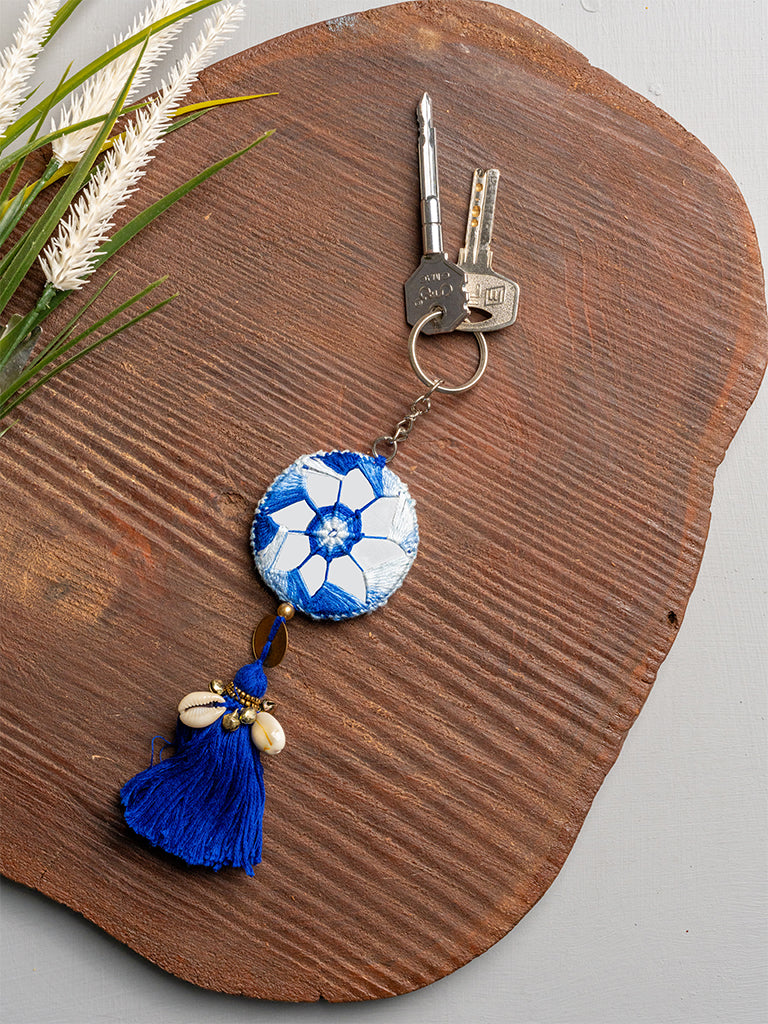 Blue Mirror Brass Tikki Keychain