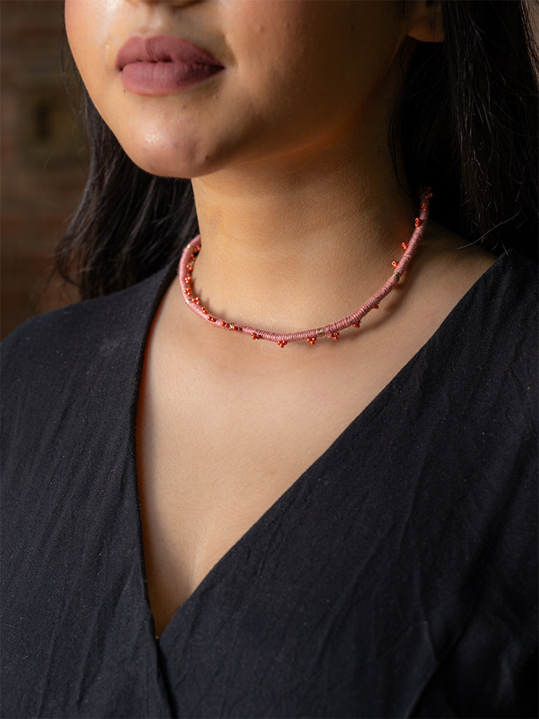 Peach Cord Choker With Beads