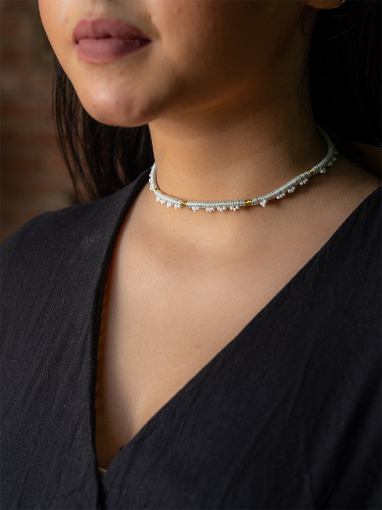 Sky Blue Cord Choker With Beads