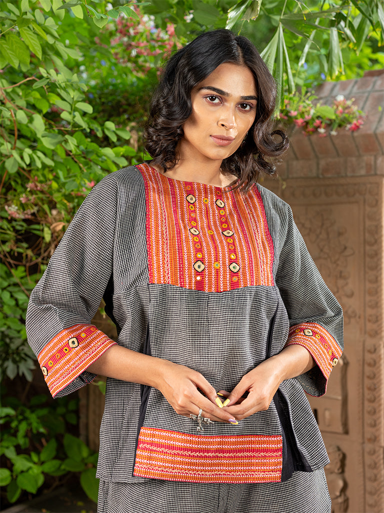 Co-Ordset With Applique And Mirror Work On Karnataka Weave