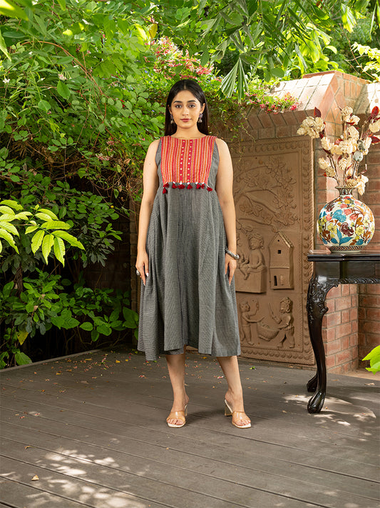 Sleeveless Dress With Mirror Work And Tassels On Karnataka Weave