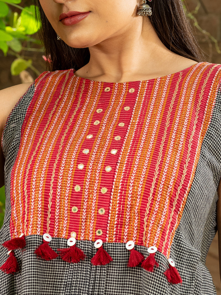 Sleeveless Dress With Mirror Work And Tassels On Karnataka Weave