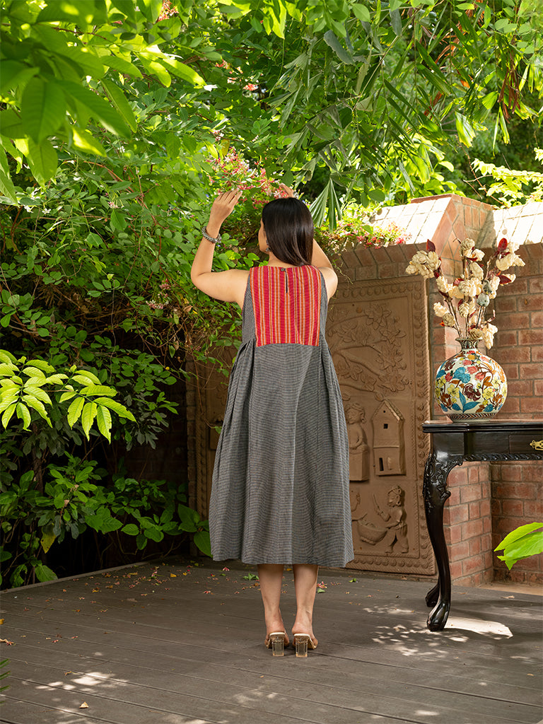 Sleeveless Dress With Mirror Work And Tassels On Karnataka Weave