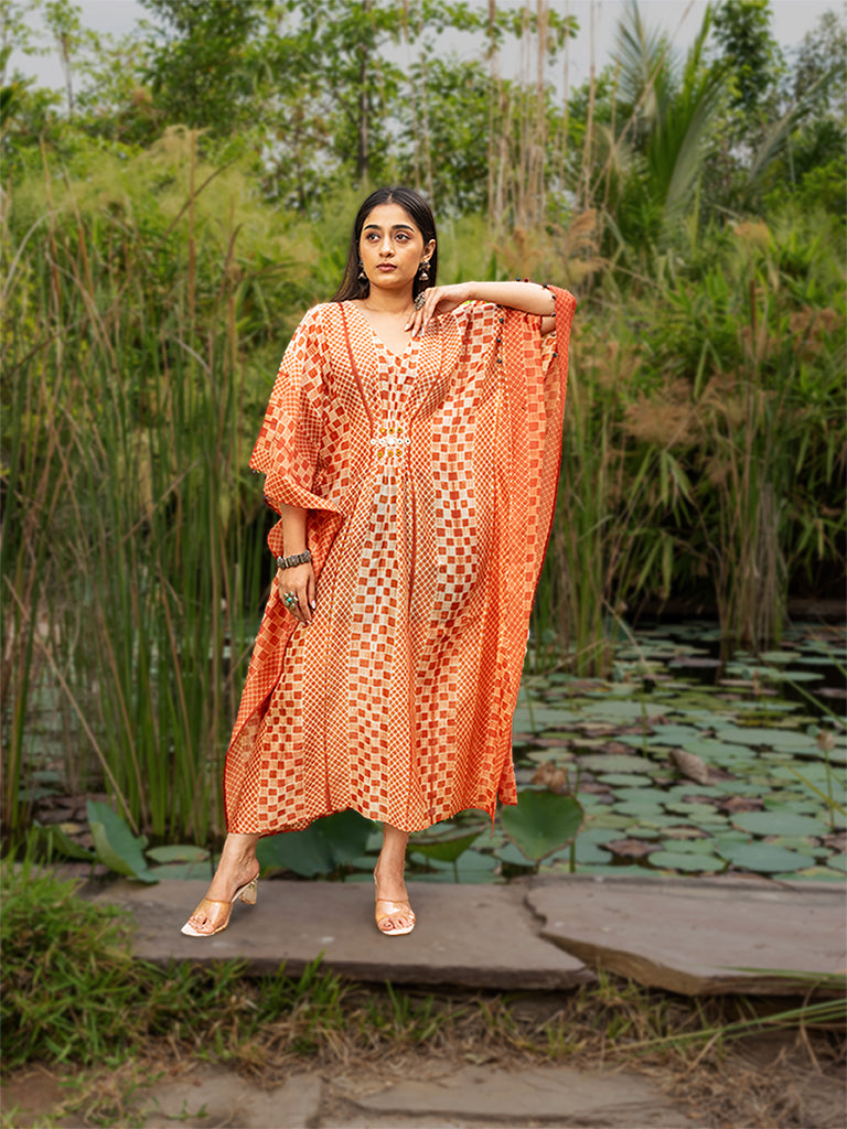 Shibori Pleated Kaftan with Mirror work