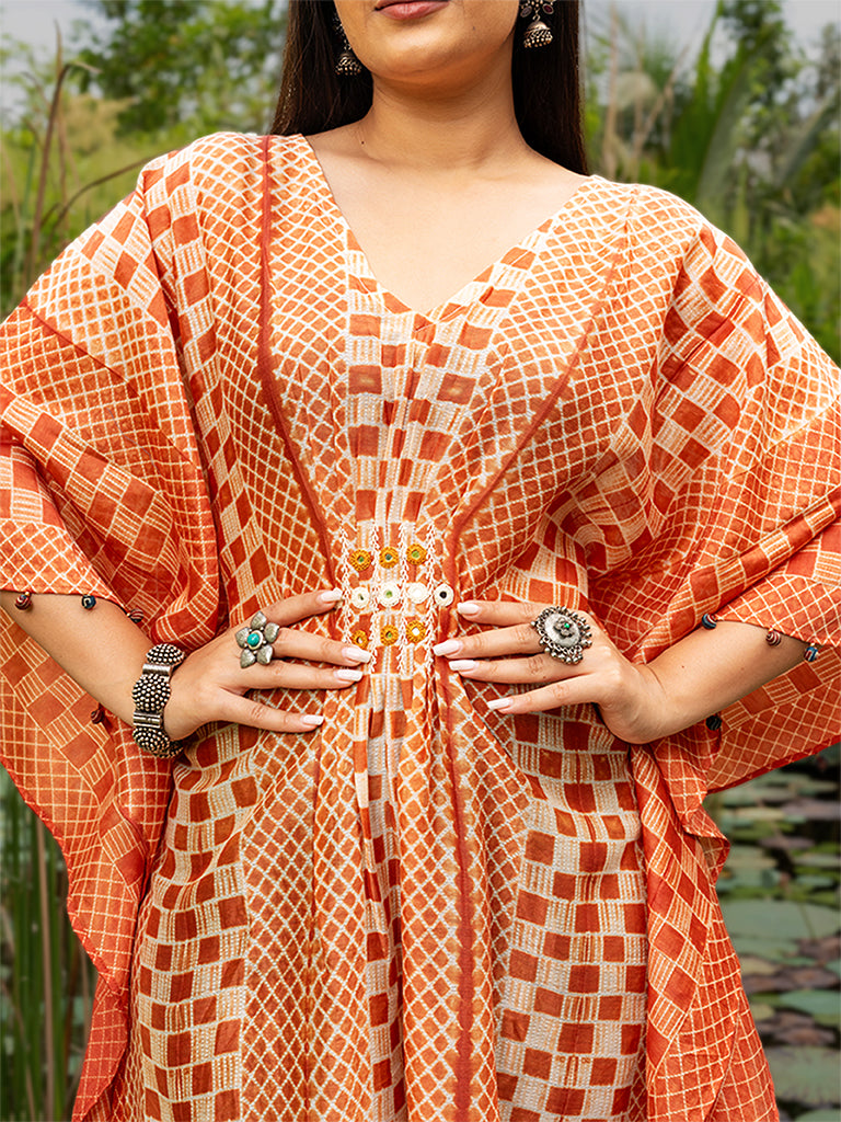 Shibori Pleated Kaftan with Mirror work