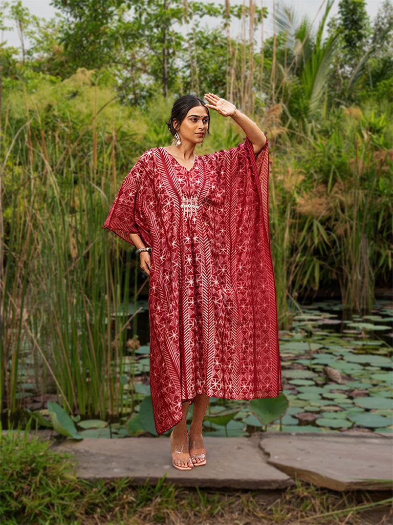Shibori Pleated Kaftan with Mirror work