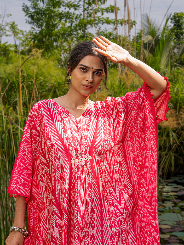 Shibori Pleated Kaftan with Mirror work