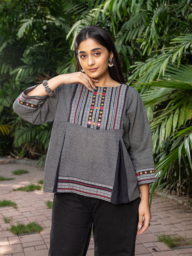 Karnataka Weave Box Pleated Top With Hand Work