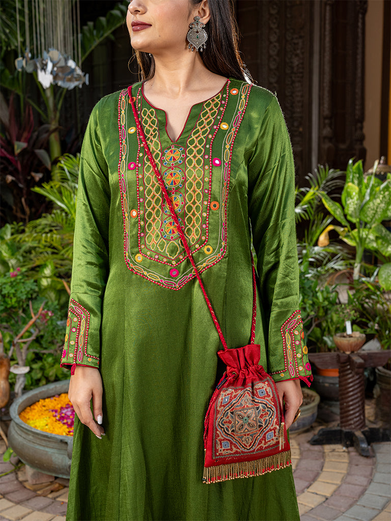 Rectangular Ajrakh & Hand Work Potli