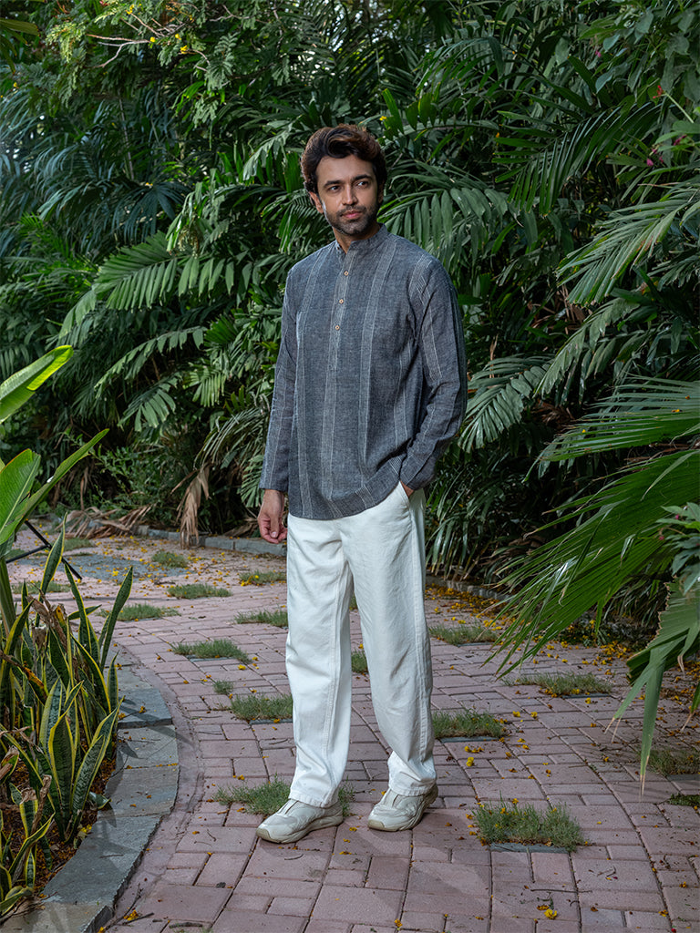 Handwoven Grey-White Stripes Short Kurta