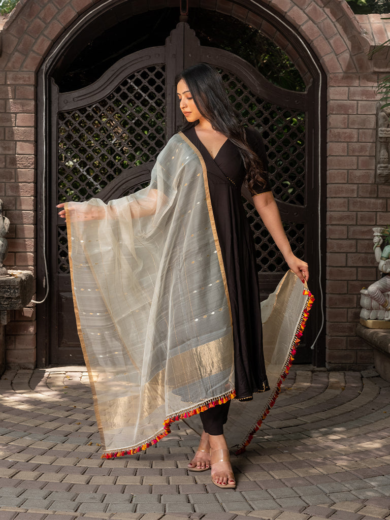 Multi-Colour Tassels Organza Silk Dupatta