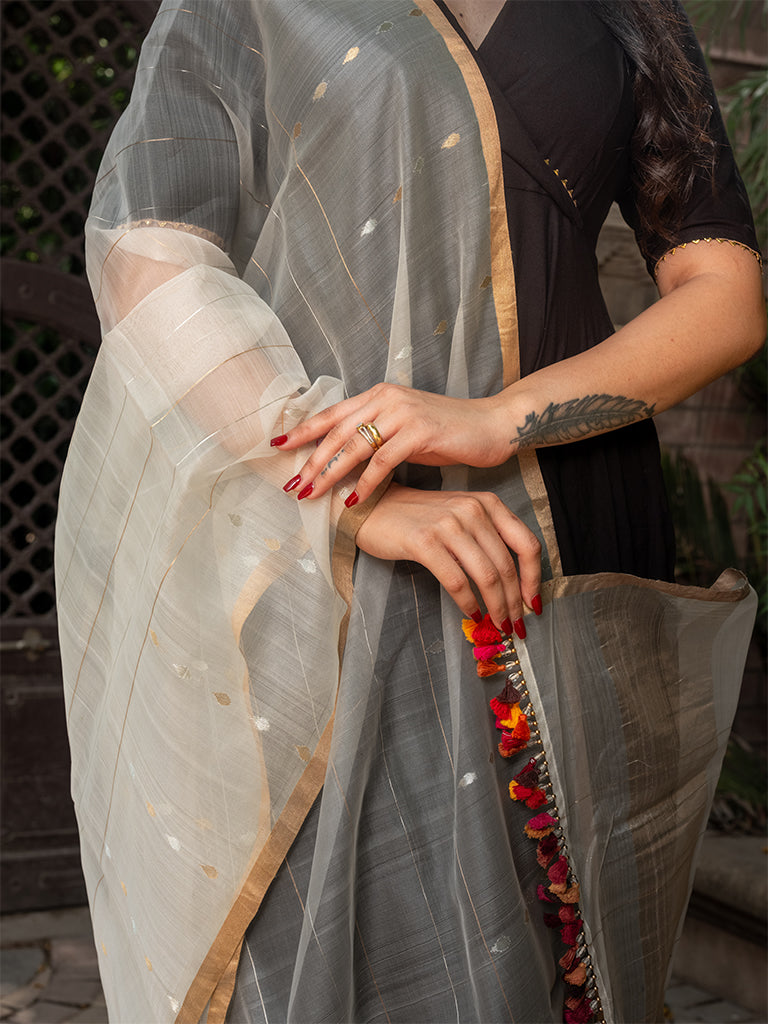 Multi-Colour Tassels Organza Silk Dupatta