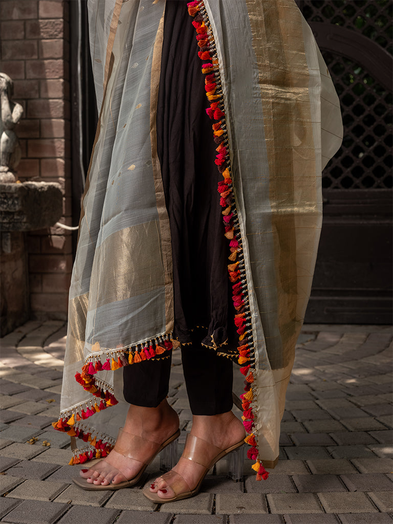 Multi-Colour Tassels Organza Silk Dupatta