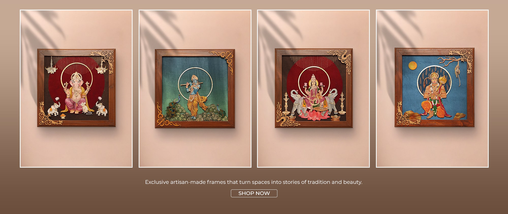 Four framed artworks of deities on a beige wall with 'Shop Now' text.