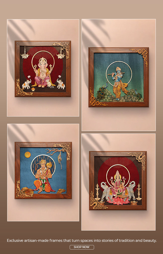Four framed artworks of deities on a beige wall.