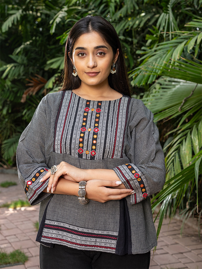 Karnataka Weave Box Pleated Top With Hand Work