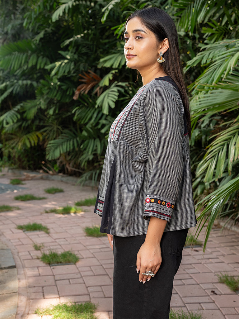 Karnataka Weave Box Pleated Top With Hand Work