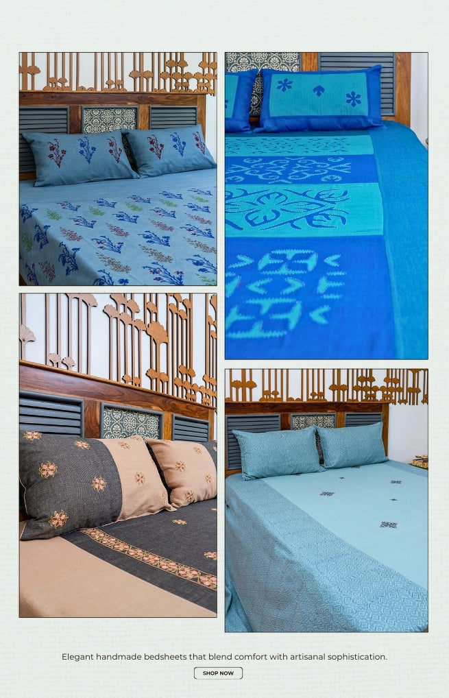 Collage of blue bedspreads with floral patterns on a wooden bed frame.