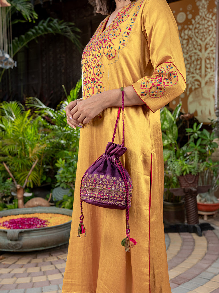 Purple Zari With Aari Round Potli