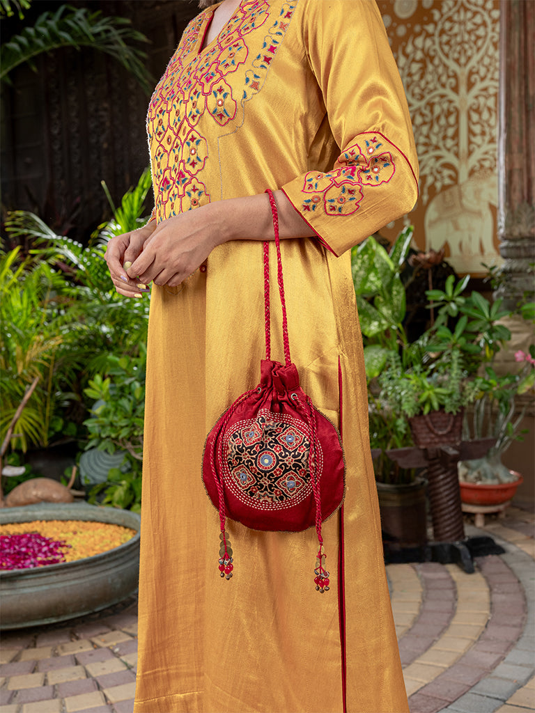 Round Ajarkh & Hand Work Potli