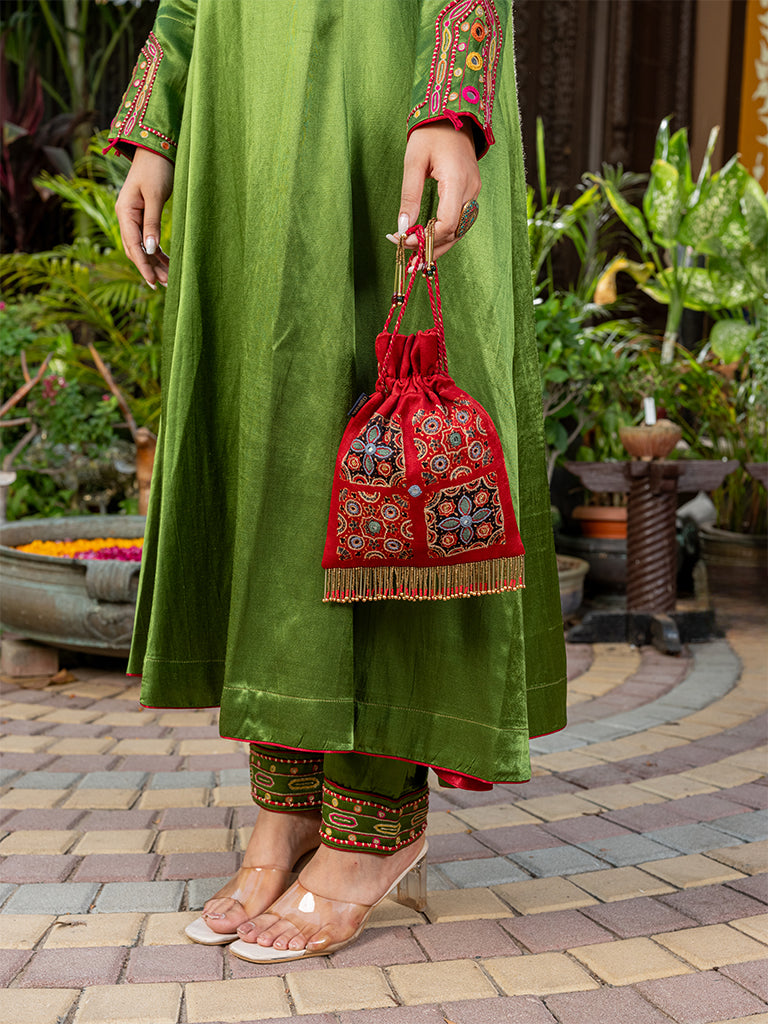 Rectangular With 4 Square Ajrakh & Hand Work Potli