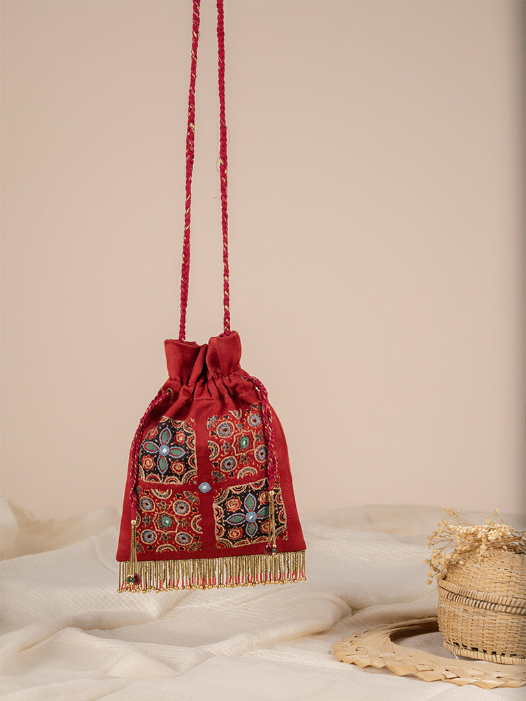 Rectangular With 4 Square Ajrakh & Hand Work Potli