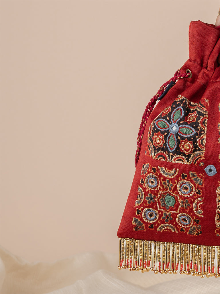 Rectangular With 4 Square Ajrakh & Hand Work Potli