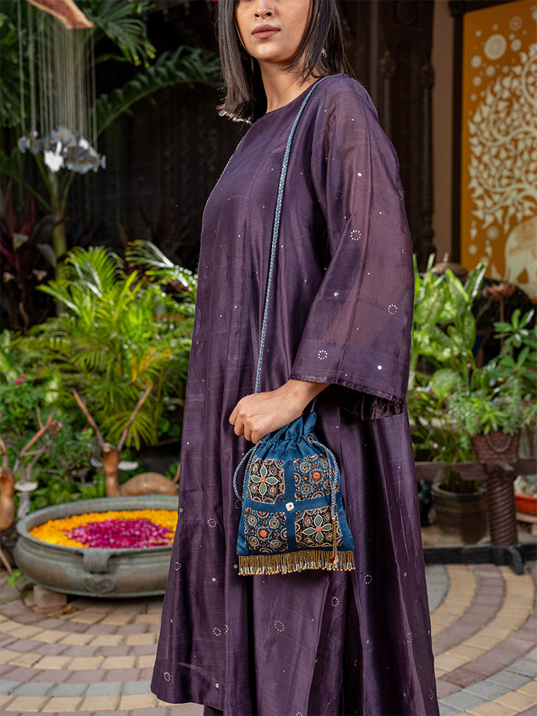 Rectangular With 4 Square Ajrakh & Hand Work Potli