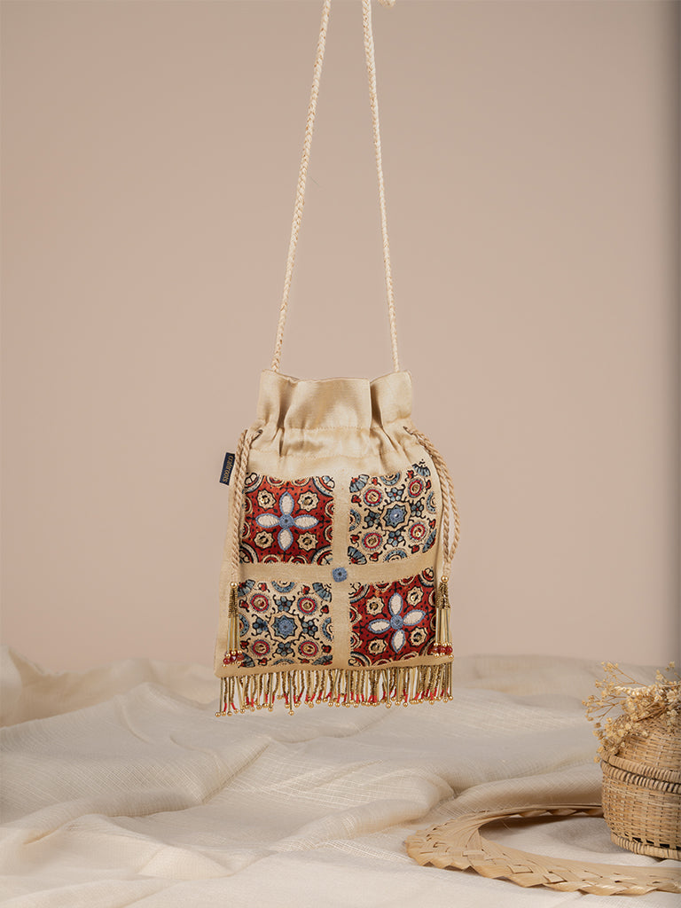Rectangular With 4 Square Ajrakh & Hand Work Potli