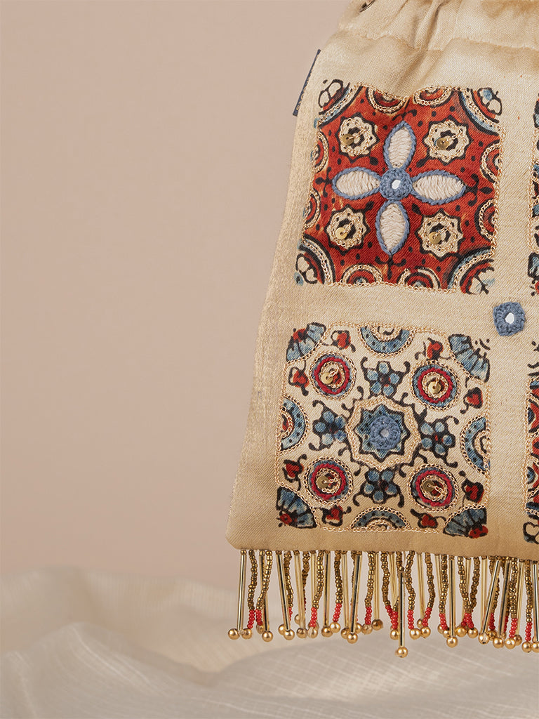 Rectangular With 4 Square Ajrakh & Hand Work Potli