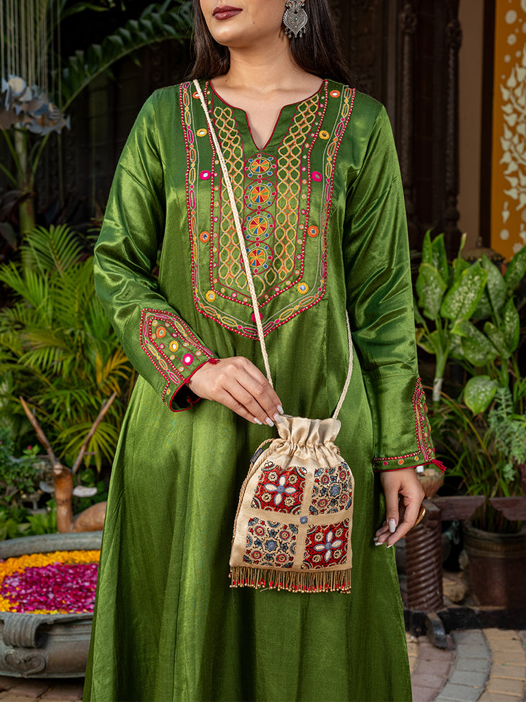 Rectangular With 4 Square Ajrakh & Hand Work Potli