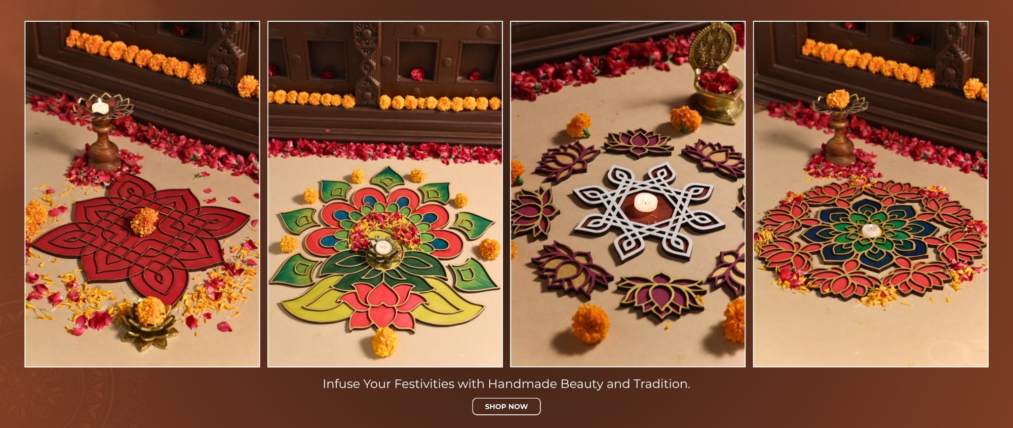 Decorative rangoli designs on a brown background with text overlay.