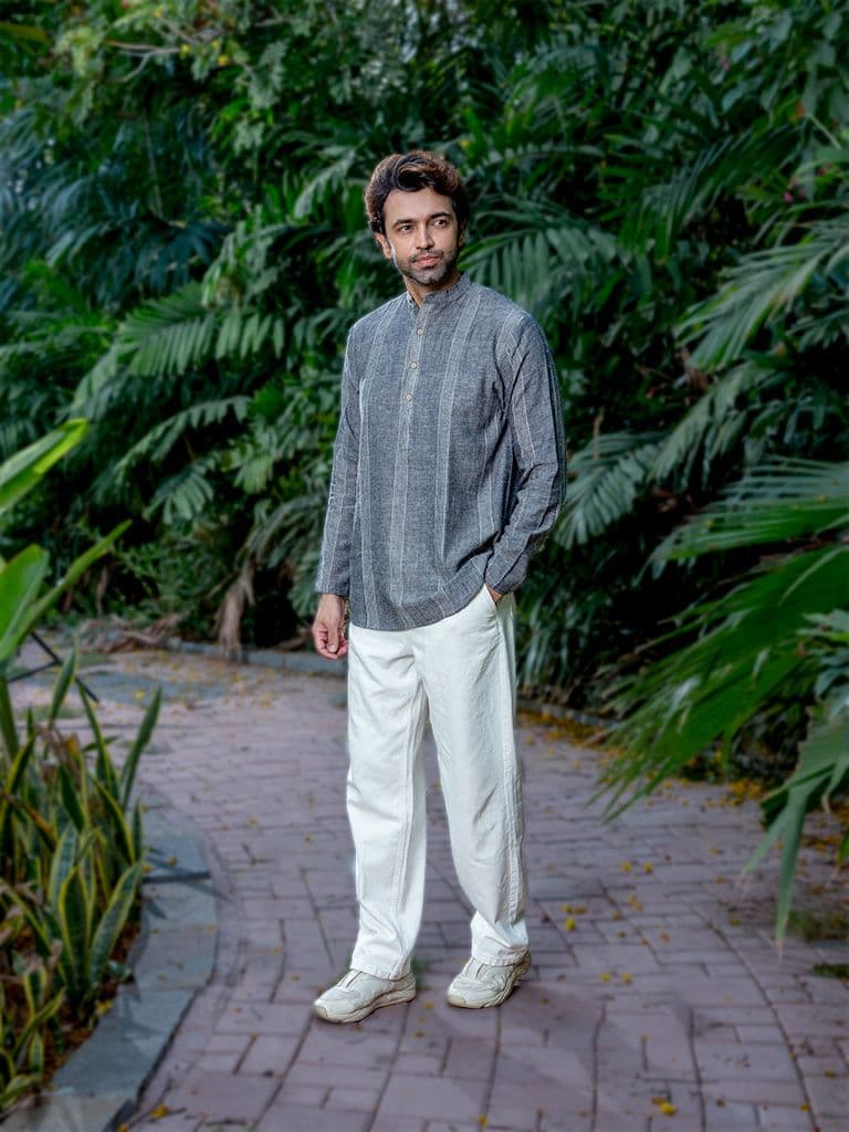 Handwoven Grey-White Stripes Short Kurta 