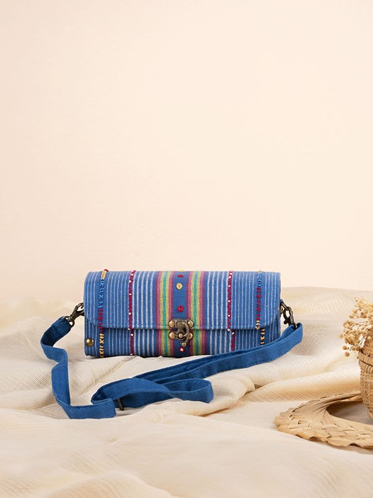 Blue Square Hand Woven Wooden Sling Bag