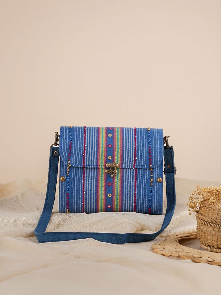 Blue Capsul Hand Woven  Wooden Sling Bag 