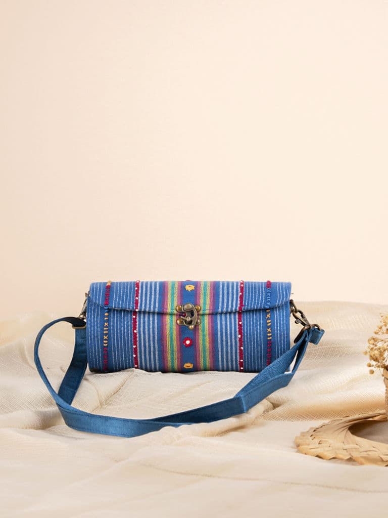 Blue Round Hand Woven Wooden Sling Bag 