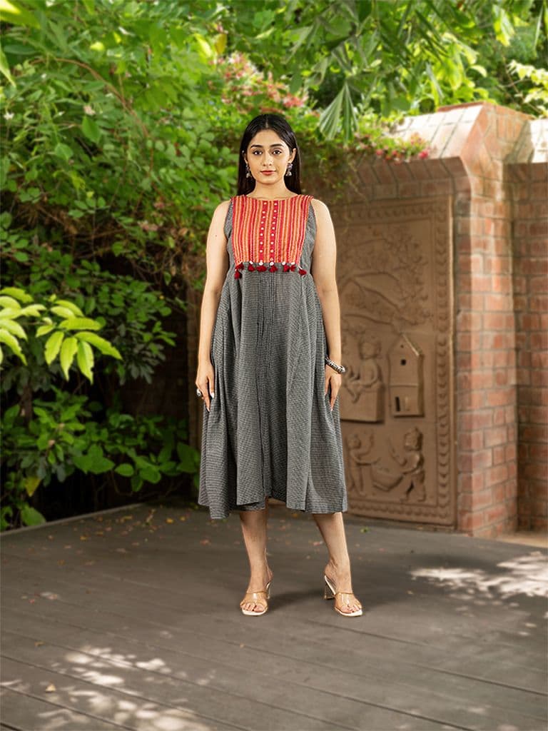 Sleeveless Dress With Mirror Work And Tassels On Karnataka Weave