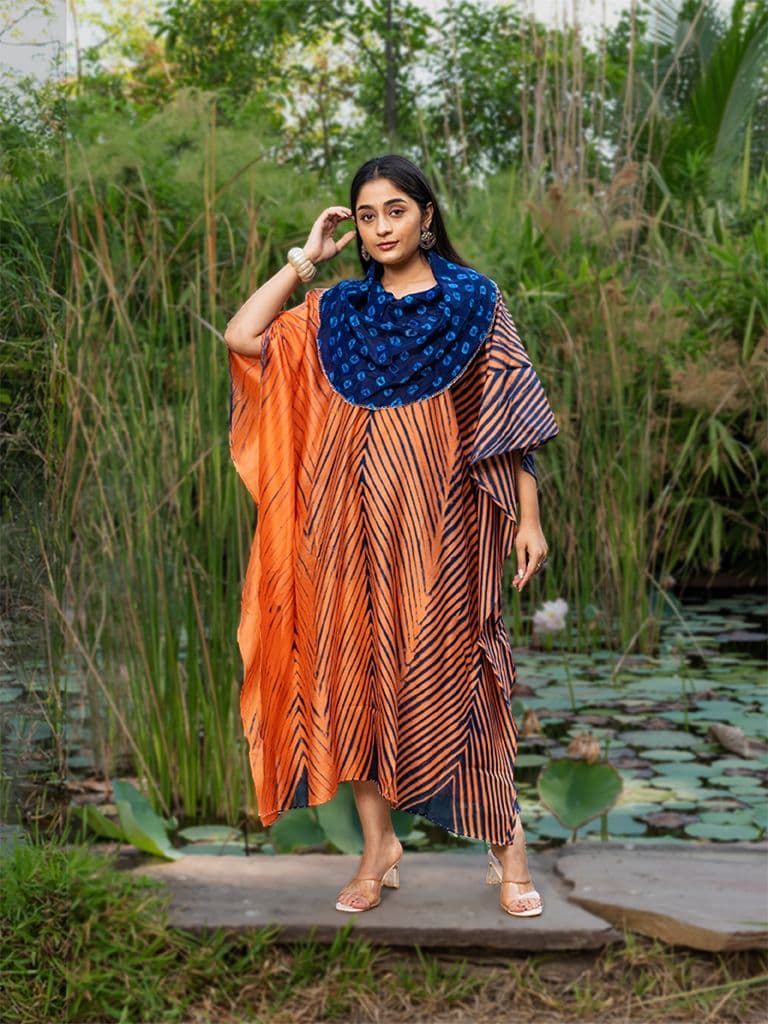 Bandhani Cowl Neck Orange Kaftan