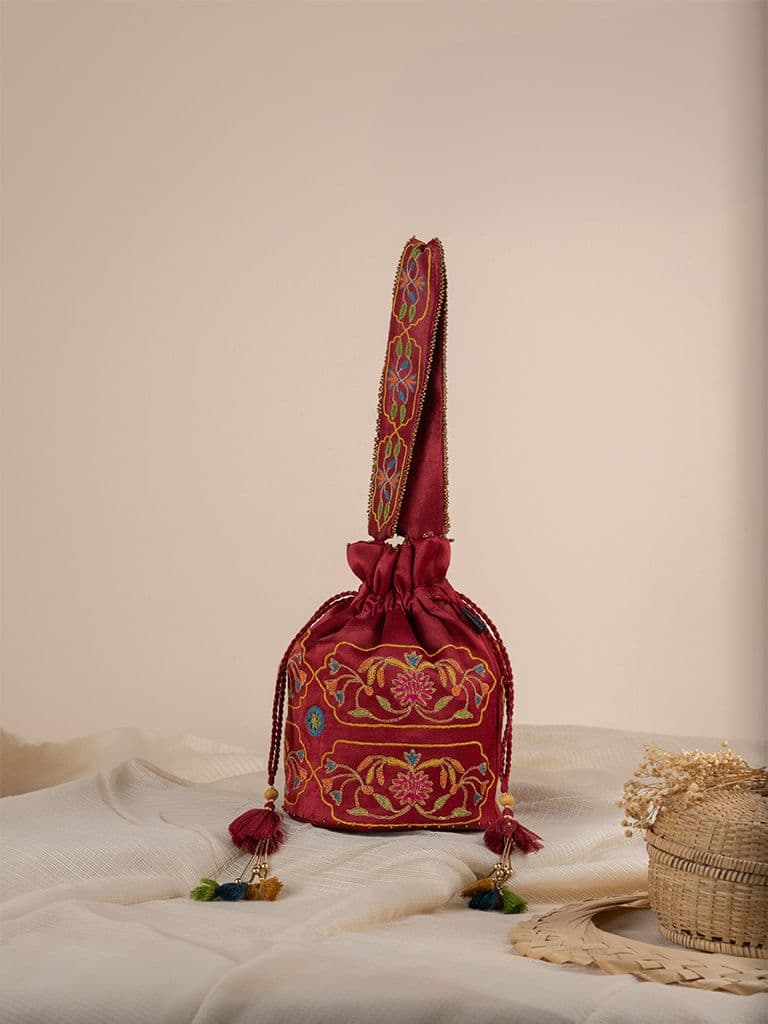 Maroon Floral Round Potli