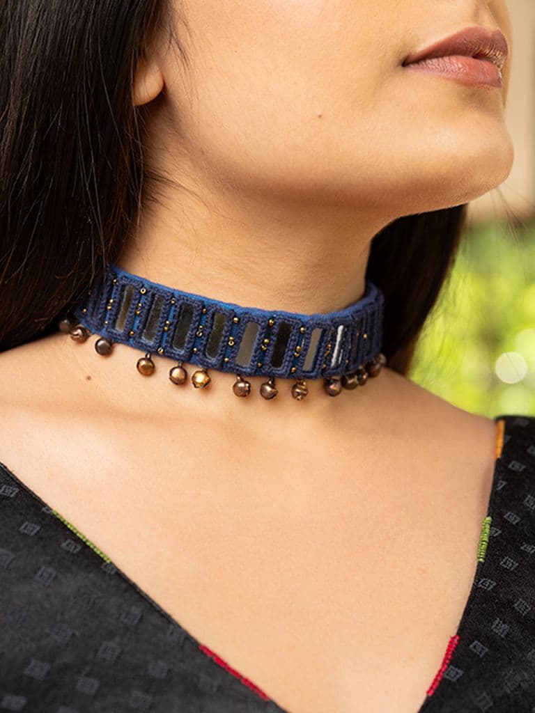 Dark Blue Rectangular Mirror Choker