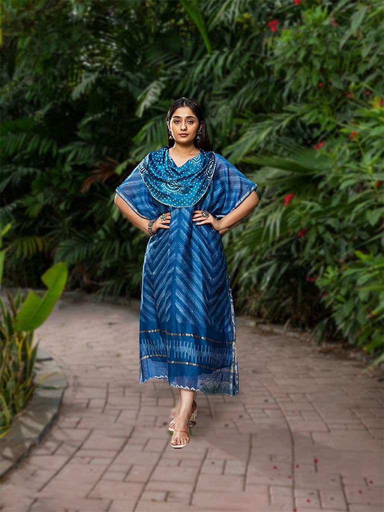 Bandhani Cowl Neck Blue Lehriya Kaftan